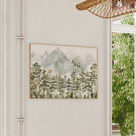 Poster Floresta de Pinheiros e Montanhas Aquarela