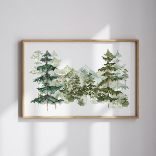 Poster Floresta de Pinheiros em Aquarela e Estética de Mo