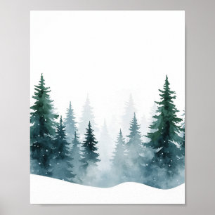 Poster Floresta de Pinheiros Nevada Minimalista em Aquare