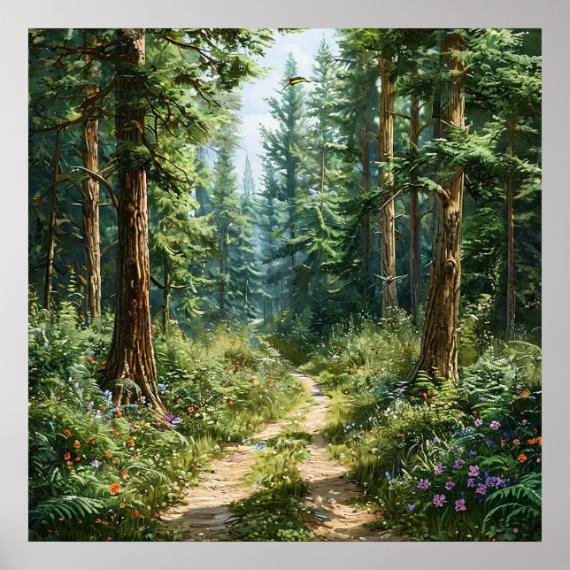 Poster 🌲 Floresta de Pinheiros Verde-escura Paisagem Neb (Frente)