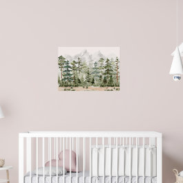 Poster Floresta de Pinheiros Verdes com Aquarelas em Mont