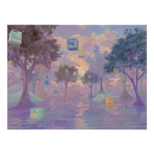 Póster Floresta de Sonho Vaporwave com Janelas Flutuantes