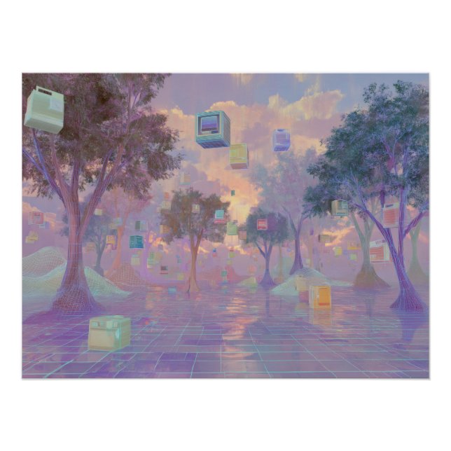 Póster Floresta de Sonho Vaporwave com Janelas Flutuantes (Frente)