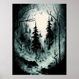 Poster Floresta de Tinta Negra e Branca de Eerie em Nevoe