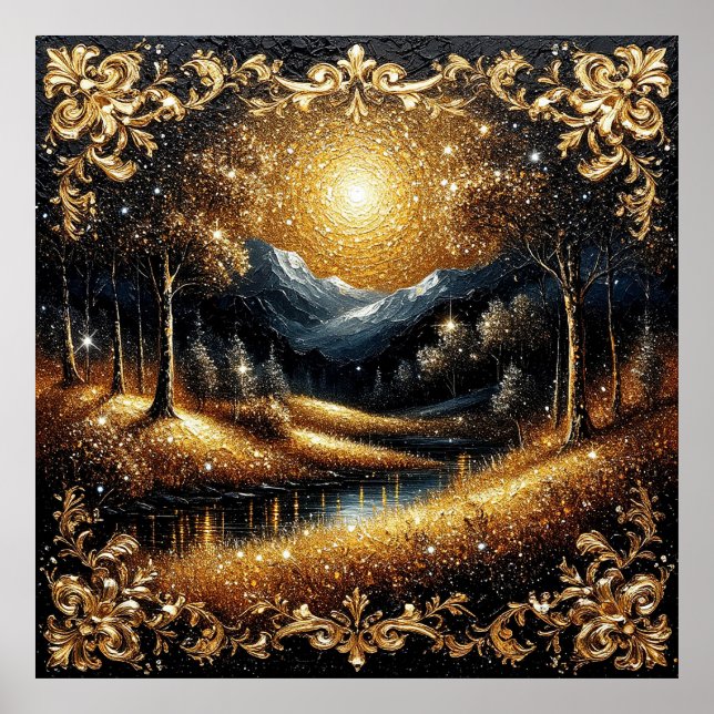 Poster Floresta Dourada Mágica com Montanhas Iluminadas p (Frente)