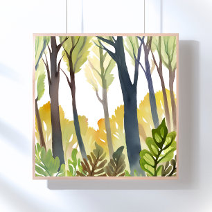 Poster Floresta em Aquarela   Pintura de Floresta da Natu