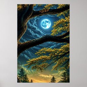 Poster Floresta Encantada, Arte de Noite de Lua Azul Bril