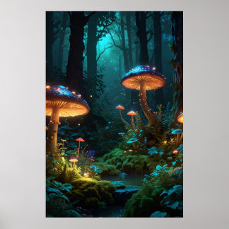 Poster Floresta Encantada com Criaturas Fantásticas e Bri