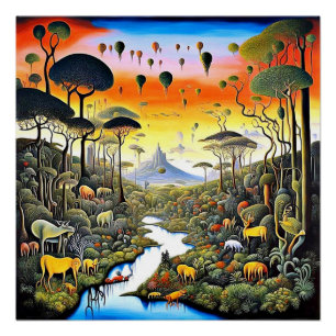 Póster Floresta Encantada com Fauna Exótica