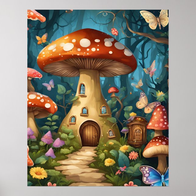 Poster Floresta Encantada de Borboleta de Cogumelo (Frente)