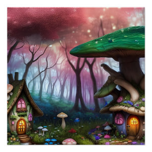 Póster Floresta Encantada Dreamscape Mushroom Fantasy Fai