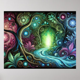 Poster Floresta Encantada Portal Brilhante Rio Fluindo