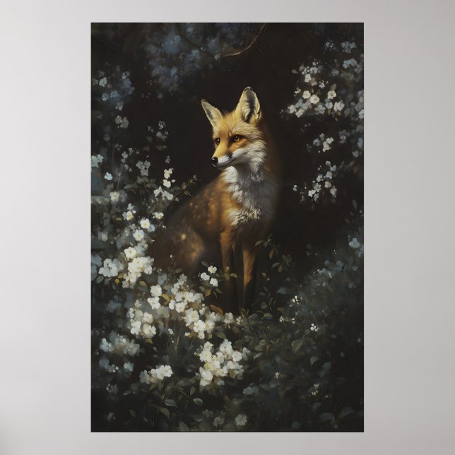 Poster Floresta Encantada Raposa Branca Flores Silvestres (Frente)
