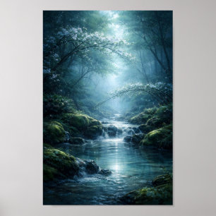 Poster Floresta Encantada Rio Sob Luz da Lua Arte
