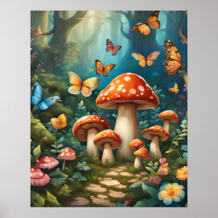 Poster Floresta Mágica Encantada Borboletas de Cogumelos