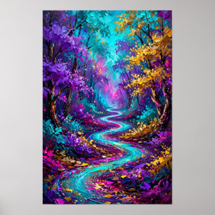 Poster Floresta Mágica Rio Turquesa - Cor Dourada Roxa