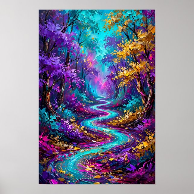 Poster Floresta Mágica Rio Turquesa - Cor Dourada Roxa (Frente)