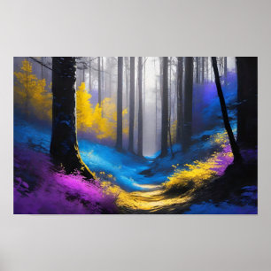 Poster Floresta Misteriosa Gélida Azul Amarelo e Roxo