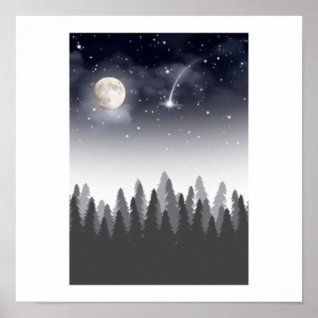 Poster Floresta Mística da Lua Paisagem Noturna Estrelada (Frente)