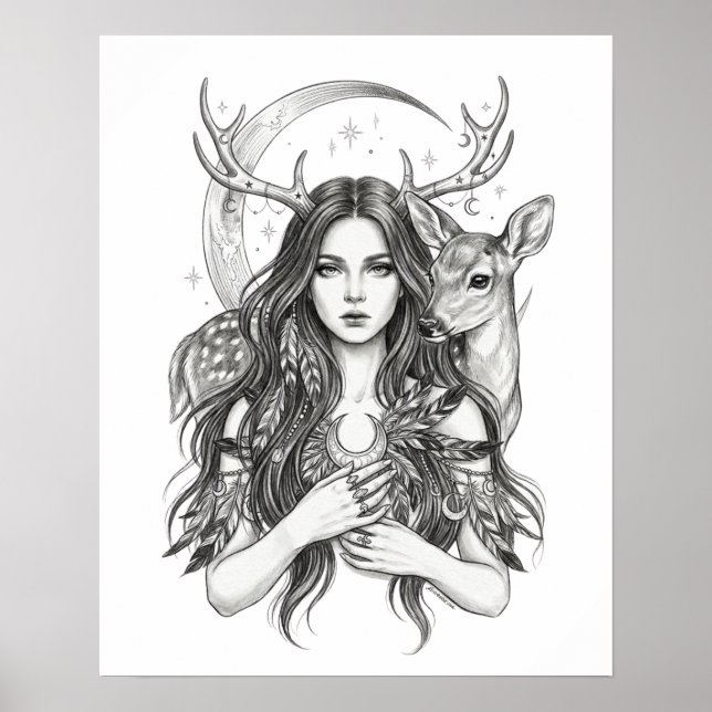 Poster Floresta Mística Eslava Deusa Lua & Cervo Vinil S (Frente)