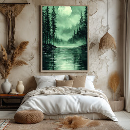 Poster Floresta Mística Lua em Monocromia Verde