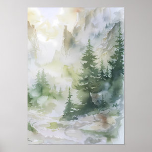 Poster Floresta Nebulosa da Montanha em Aquarela