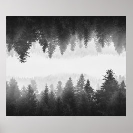 Poster Floresta nebulosa espelhada em preto e branco