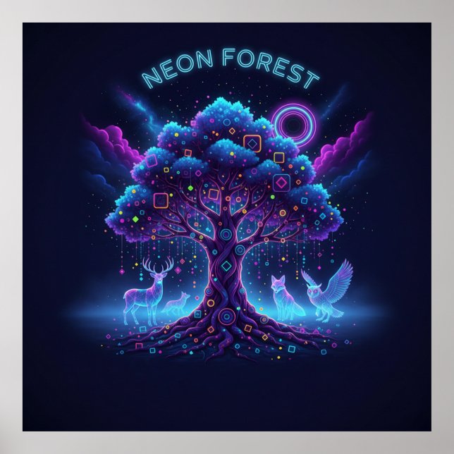 Poster Floresta Neon - Árvore brilhante e Animais Luminos (Frente)
