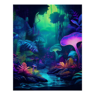 Póster Floresta Neon Mística com Cogumelos Brilhantes