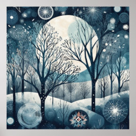 Poster Floresta Nórdica ao Luar Noite de Inverno