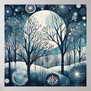 Poster Floresta Nórdica ao Luar Noite de Inverno