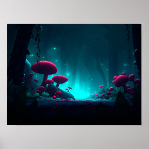 Poster Floresta Noturna de Cogumelos Mágicos Brilhantes