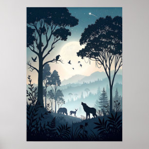 Poster Floresta Noturna Mística com Vida Selvagem Silhuet