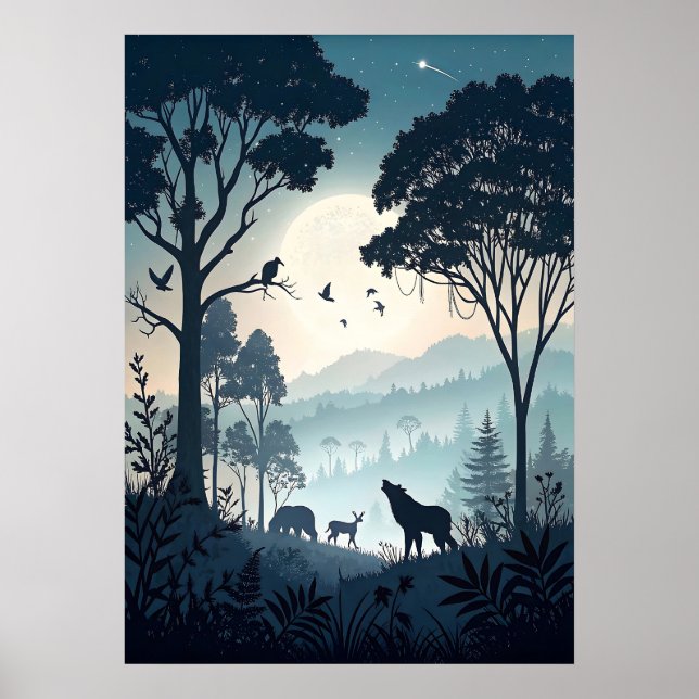 Poster Floresta Noturna Mística com Vida Selvagem Silhuet (Frente)