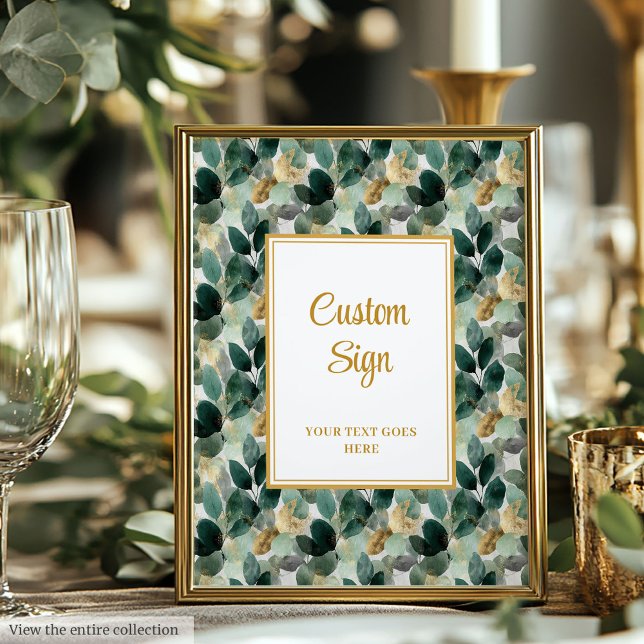 Poster Floresta Romântica Verde Dourada Deixa Personaliza (Romantic Forest Green Gold Leaves Wedding Custom Poster)