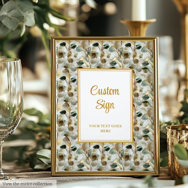Poster Floresta Rústica, Verde Dourada, Sai Personalizada (Rustic Forest Green Gold Leaves Wedding Custom Poster)