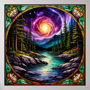 Poster Floresta sob o Céu Noturno Cósmico