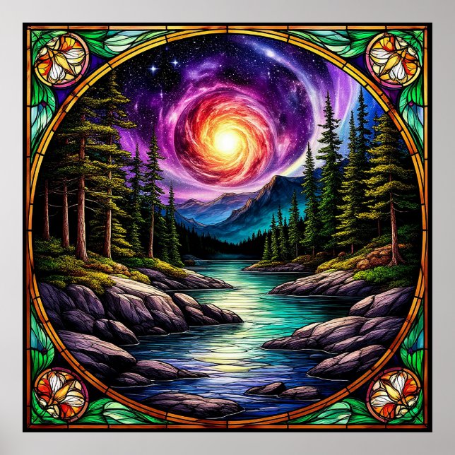 Poster Floresta sob o Céu Noturno Cósmico (Frente)