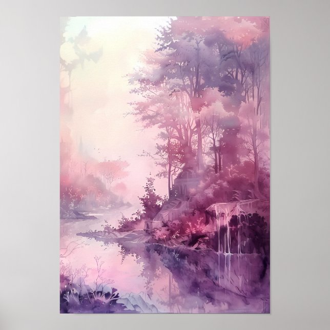 Poster Floresta Sonhadora em Tons de Rosa em Aquarela (Frente)