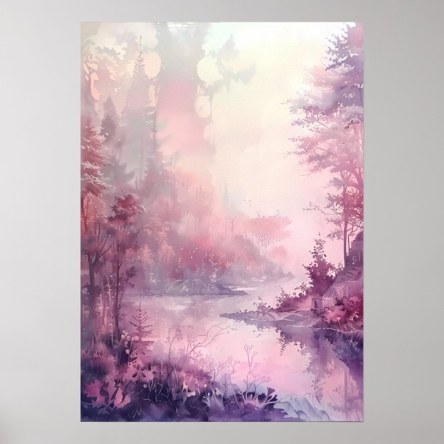 Poster Floresta Sonhadora em Tons de Rosa em Aquarela (Frente)