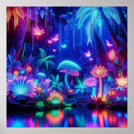 Poster Floresta Tropical Neon Bioluminescente Encantada