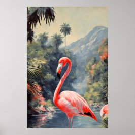 Poster Floresta Tropical Rosa Flamingo Vintage