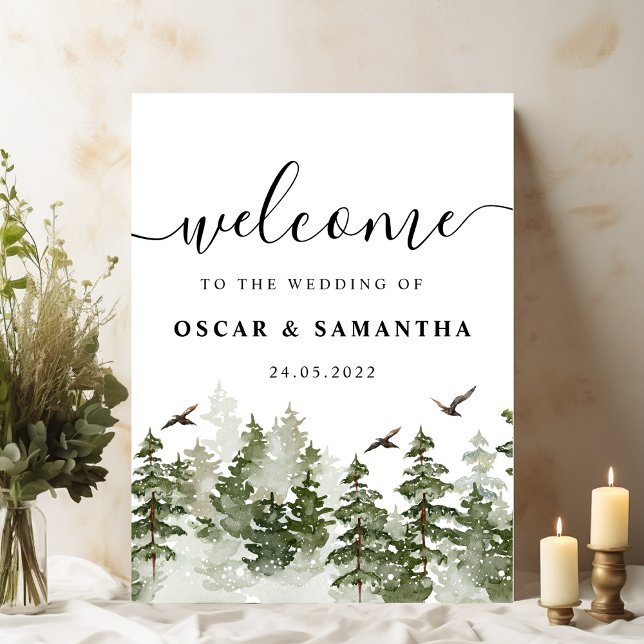 Poster Floresta Verde Moderna de Aquarela de inverno com  (Criador carregado)