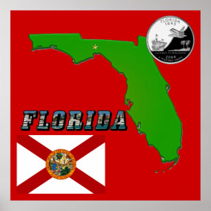 Poster Florida Map, Picture Text and State Faux Quarter