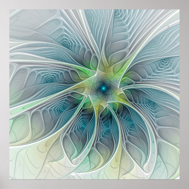 Póster Flourando Fantasia Moderna Azul Flor Fractal Verde (Frente)