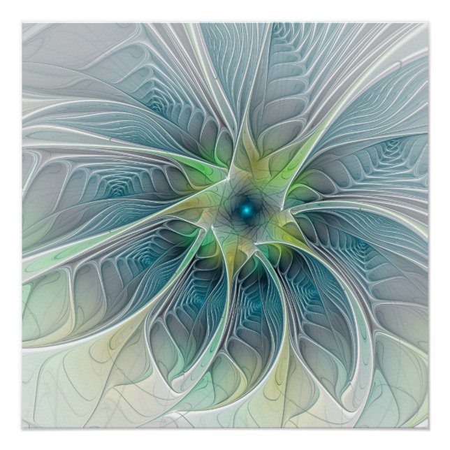 Póster Flourando Fantasia Moderna Azul Flor Fractal Verde (Frente)