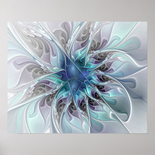 Poster Flourar Abstrato Moderno Flor Fractal Com Azul