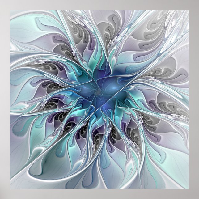 Póster Flourar Abstrato Moderno Flor Fractal Com Azul (Frente)