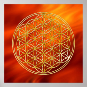 Poster Flower Of Life   gold, fire red