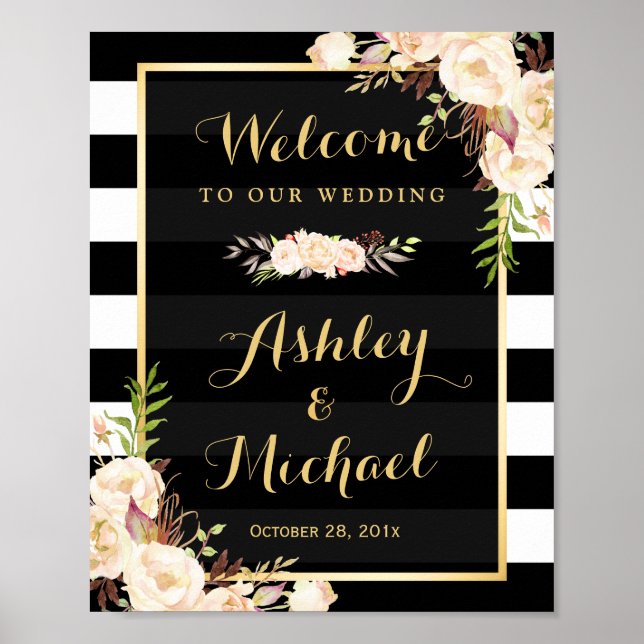 Poster Flowers Black White Stripe Sinal de Casamento (Frente)